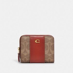 Coach Billfold Wallet In Colorblock Signature Canvas Bruin Rood | COH865613