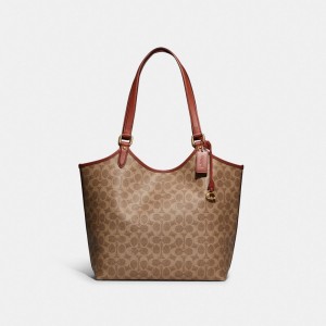 Coach Day Tote Bag In Signature Canvas Bruin Rood | COH865090