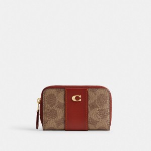 Coach Essential Small Zip Around Card Case In Signature Canvas Bruin Rood | COH865700