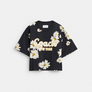 Coach Floral Cropped Signature Script T Shirt In Organic Cotton Zwart | COH865998