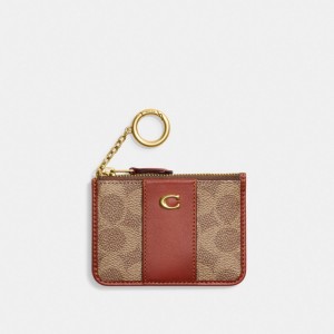 Coach Mini Skinny Id Case In Signature Canvas Bruin Rood | COH865712