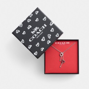 Coach Pavé Key Pendant Necklace Zilver Roze Gekleurd | COH866213