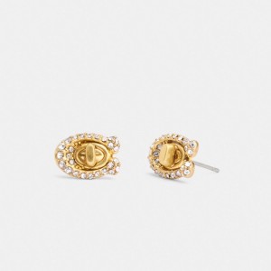 Coach Pavé Signature Turnlock Stud Earrings Goud | COH866219