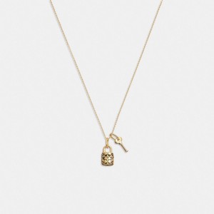 Coach Quilted Padlock Key Pendant Necklace Goud Zwart | COH866100