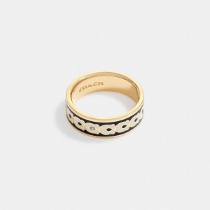 Coach Signature Enamel Ring Goud Zwart | COH866083