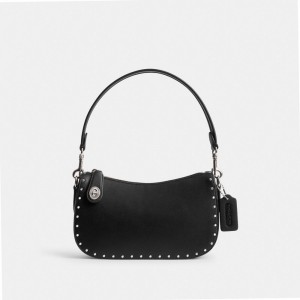 Coach Swinger Bag With Rivets Zilver Zwart | COH865391
