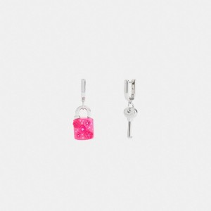Coach Tea Rose Padlock And Key Mismatch Huggie Earrings Zilver Roze | COH866215
