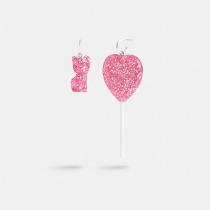 Coach The Lil Nas X Drop Cat And Heart Lollipop Mismatch Earrings Zilver Roze | COH866114
