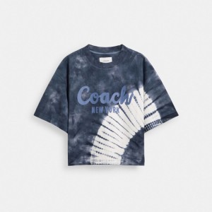 Coach Tie Dye Cursive Signature Cropped T Shirt In Organic Cotton Donkerblauw Gekleurd | COH866006