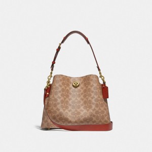 Coach Willow Shoulder Bag In Signature Canvas Bruin Rood | COH864906
