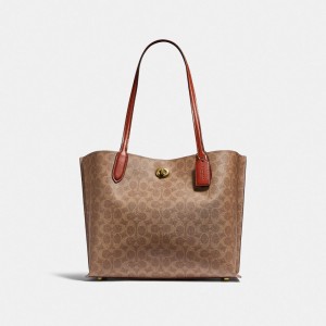 Coach Willow Tote Bag In Signature Canvas Bruin Rood | COH865061
